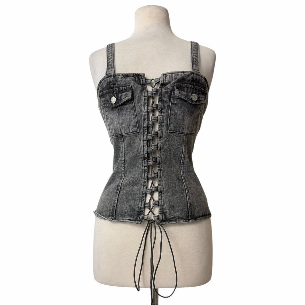Whimsigoth Grey Acid Wash Lace Up Denim Corset Top Grunge Goth Bustier US 12